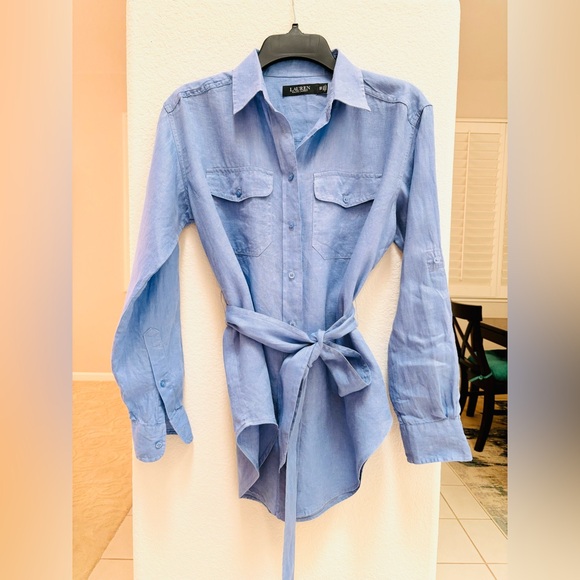 LAUREN RALPH LAUREN Relaxed Fit Belted Linen Shirt Copen Blue XS - Picture 7 of 13